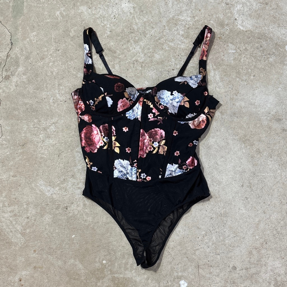 Fashion Nova Black Floral Mesh Corset Bodysuit Women’s Size XL Hook Loop Closure